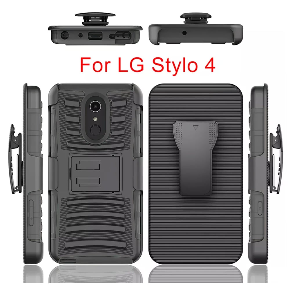 LG Stylo 4 Armor Holster Case Black Dual Layer with Kickstand and Belt Clip Image 4