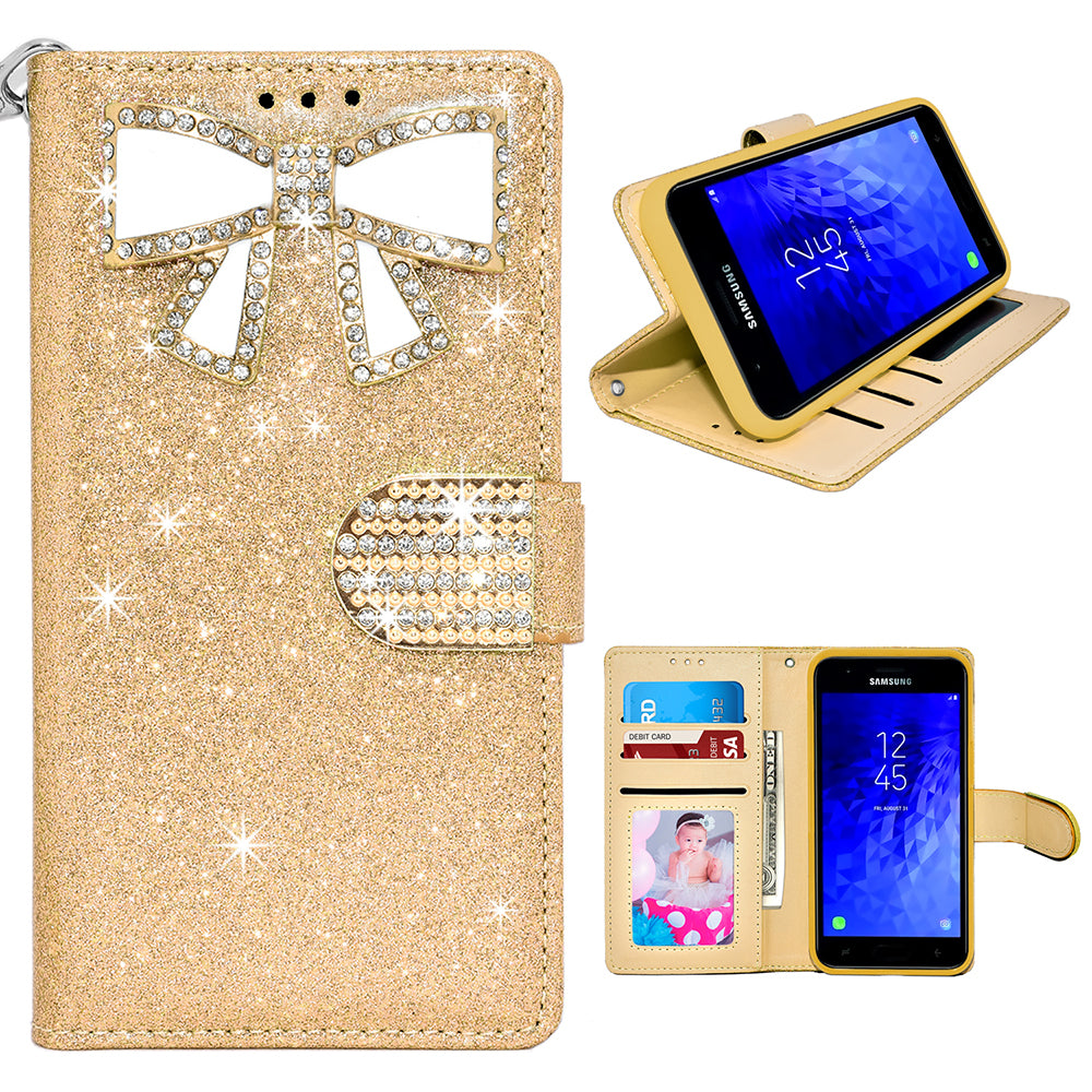 Samsung Galaxy J3 2018 / J337 / Achieve / Express Prime 3 / Star Diamond Bow Glitter Leather Wallet Case Cover Gold Image 1