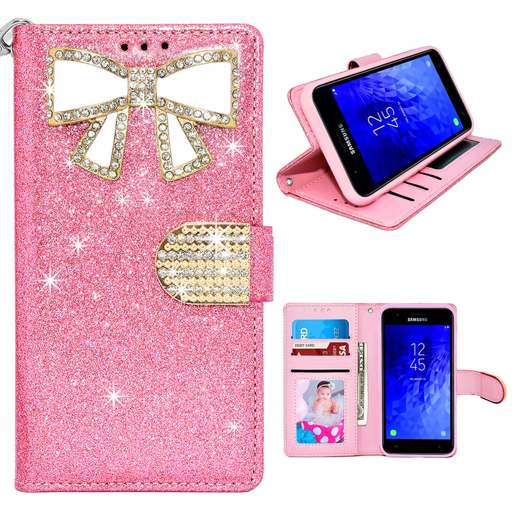 Samsung Galaxy J3 2018 / J337 / Achieve / Express Prime 3 / Star Diamond Bow Glitter Leather Wallet Case Cover Pink Image 1