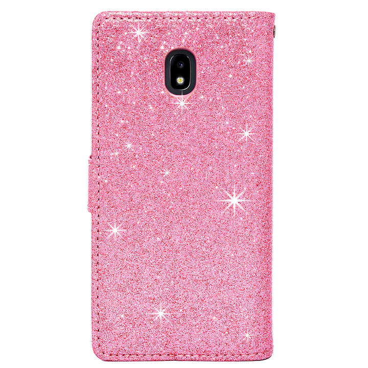 Samsung Galaxy J3 2018 / J337 / Achieve / Express Prime 3 / Star Diamond Bow Glitter Leather Wallet Case Cover Pink Image 2