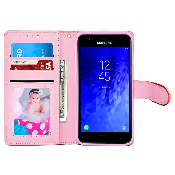 Samsung Galaxy J3 2018 / J337 / Achieve / Express Prime 3 / Star Diamond Bow Glitter Leather Wallet Case Cover Pink Image 3