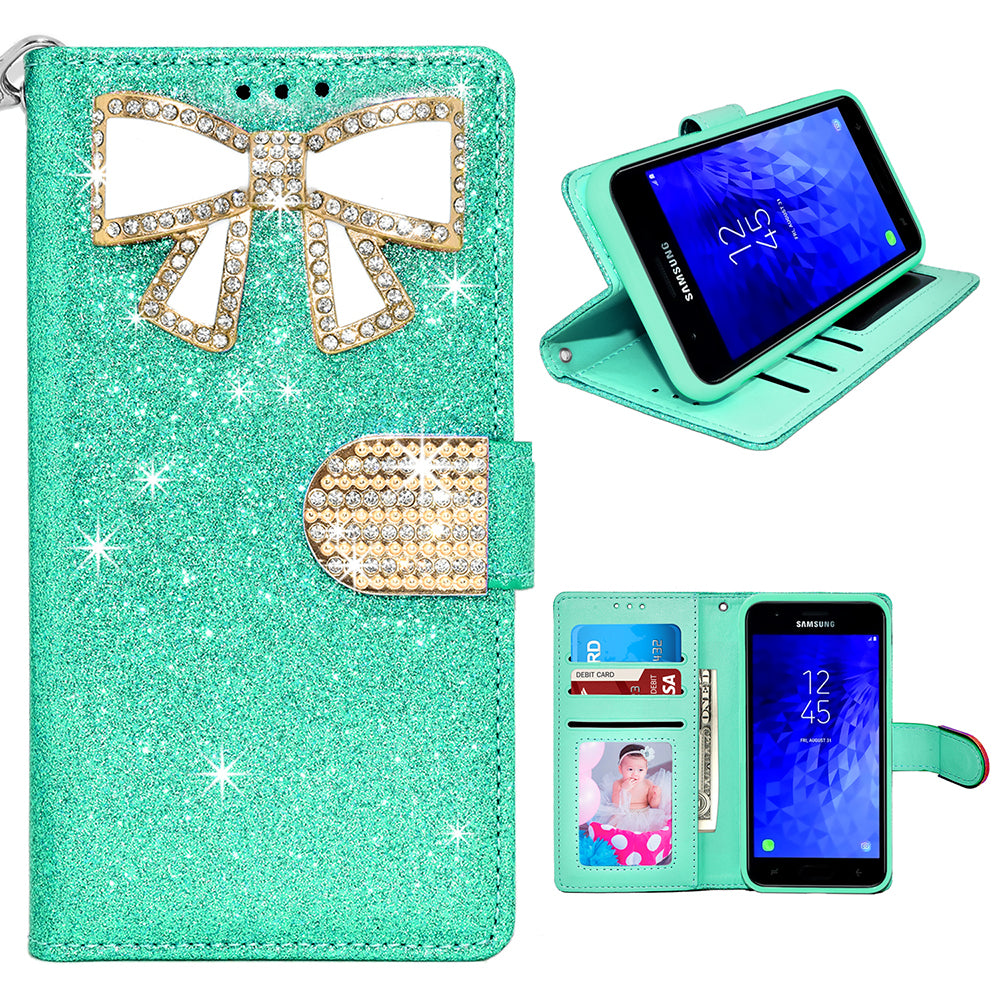 Samsung Galaxy J7 2018 Wallet Case Light Green Glitter Bow Rhinestone Diamonds Image 1