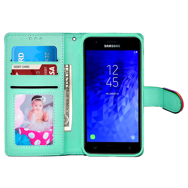 Samsung Galaxy J7 2018 Wallet Case Light Green Glitter Bow Rhinestone Diamonds Image 3