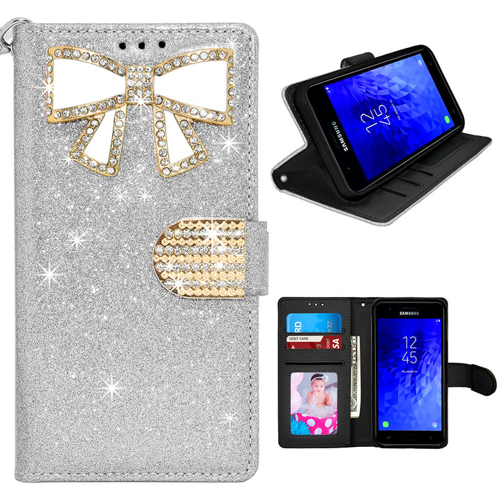 Samsung Galaxy J7 2018 Wallet Case Cover Silver Glitter Bow Rhinestone Diamonds Image 1