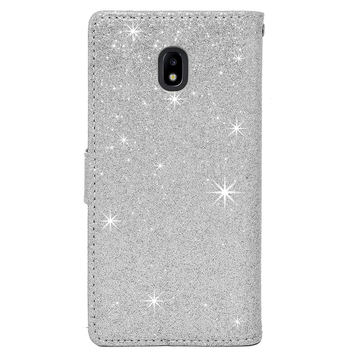 Samsung Galaxy J7 2018 Wallet Case Cover Silver Glitter Bow Rhinestone Diamonds Image 2