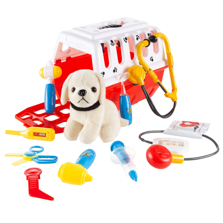 Kids Veterinary Set 11 Piece Plush Dog Carrier Animal Medical Supplies Toys Image 1