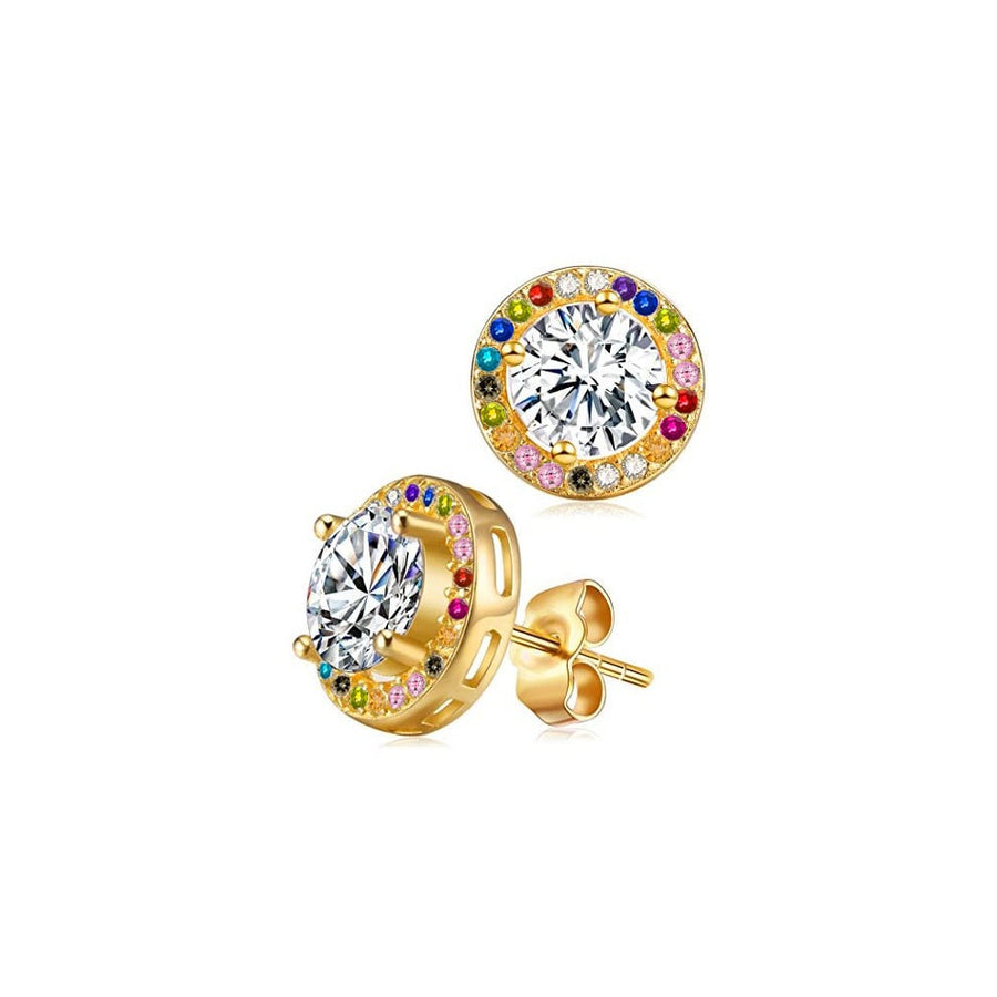 Swarovski Crystal Halo Studs Rainbow 3.00 CTTW 18K Yellow Gold Over Silver 8mm Image 1