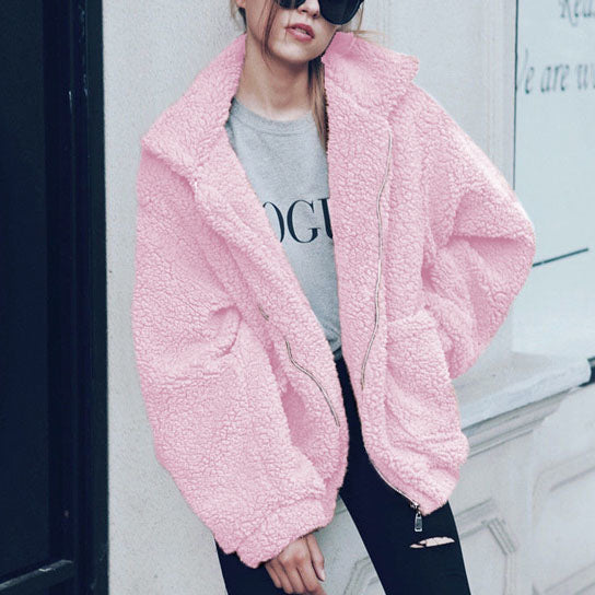 Casual Lapel Fleece Fuzzy Zipper Warm Winter Oversized Outwear Jackets Image 4