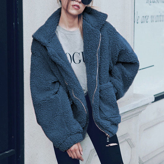 Casual Lapel Fleece Fuzzy Zipper Warm Winter Oversized Outwear Jackets Image 9