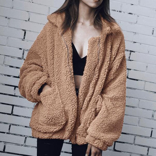 Casual Lapel Fleece Fuzzy Zipper Warm Winter Oversized Outwear Jackets Image 2