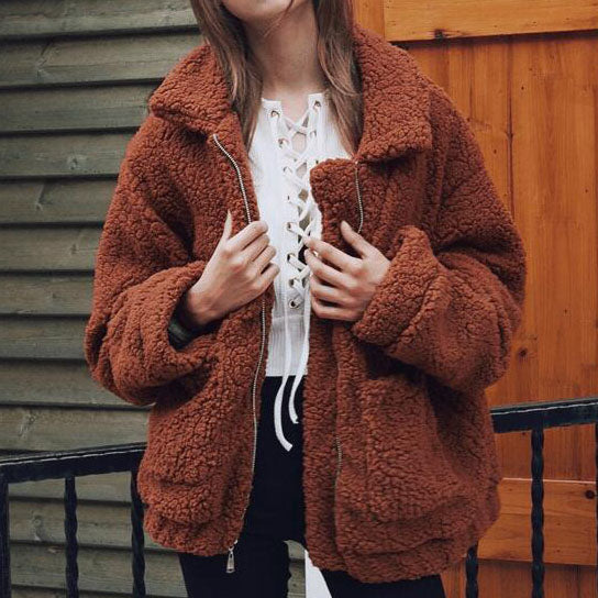 Casual Lapel Fleece Fuzzy Zipper Warm Winter Oversized Outwear Jackets Image 10