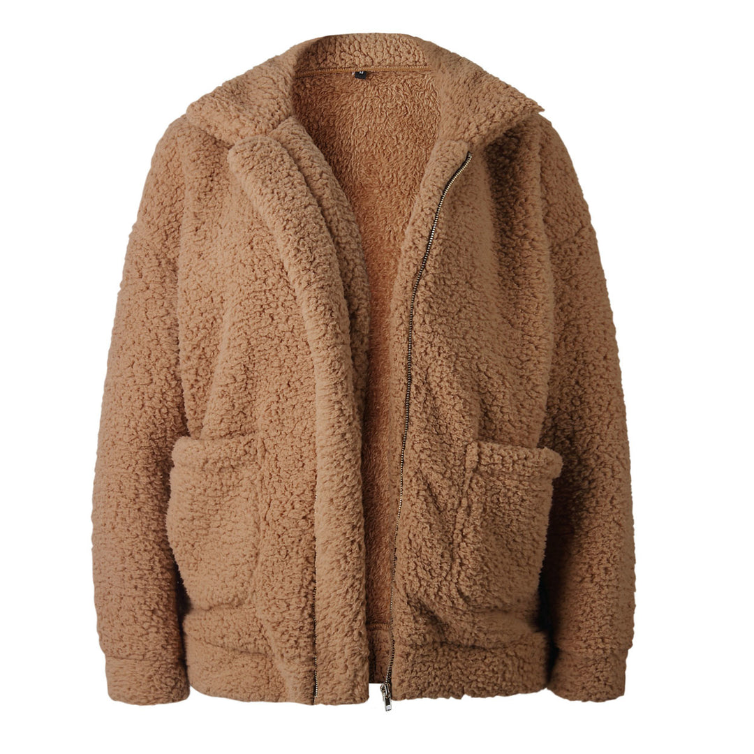 Casual Lapel Fleece Fuzzy Zipper Warm Winter Oversized Outwear Jackets Image 11