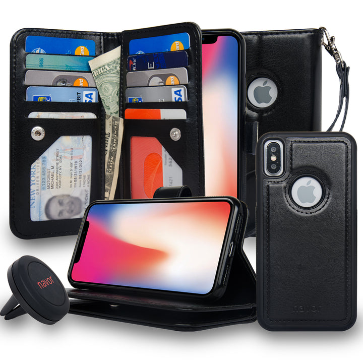 Navor Car Mount And iPhone Xs and X Detachable Magnetic Wallet Case with RFID Protection10 Card Pockets and 3 Money Image 1