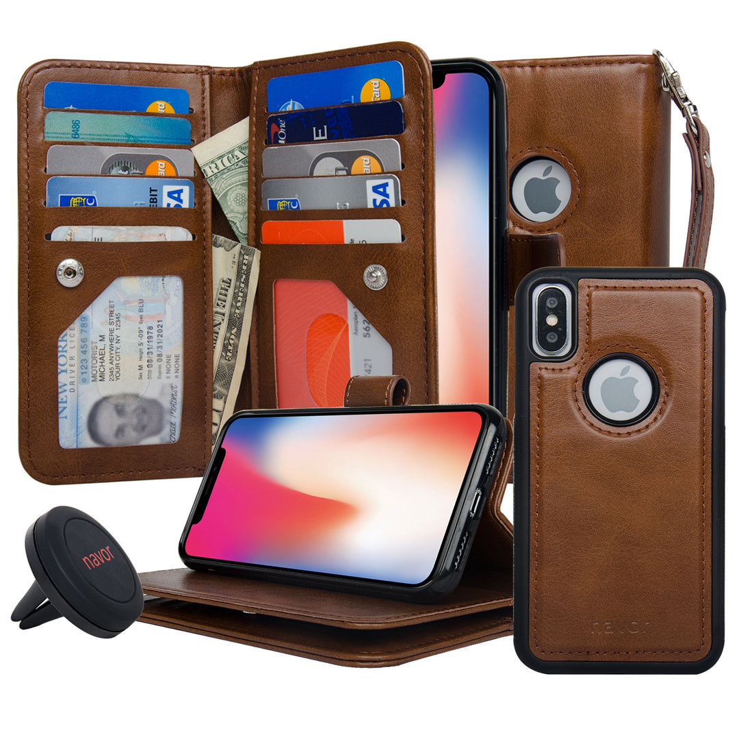 Navor Car Mount And iPhone Xs and X Detachable Magnetic Wallet Case with RFID Protection10 Card Pockets and 3 Money Image 2