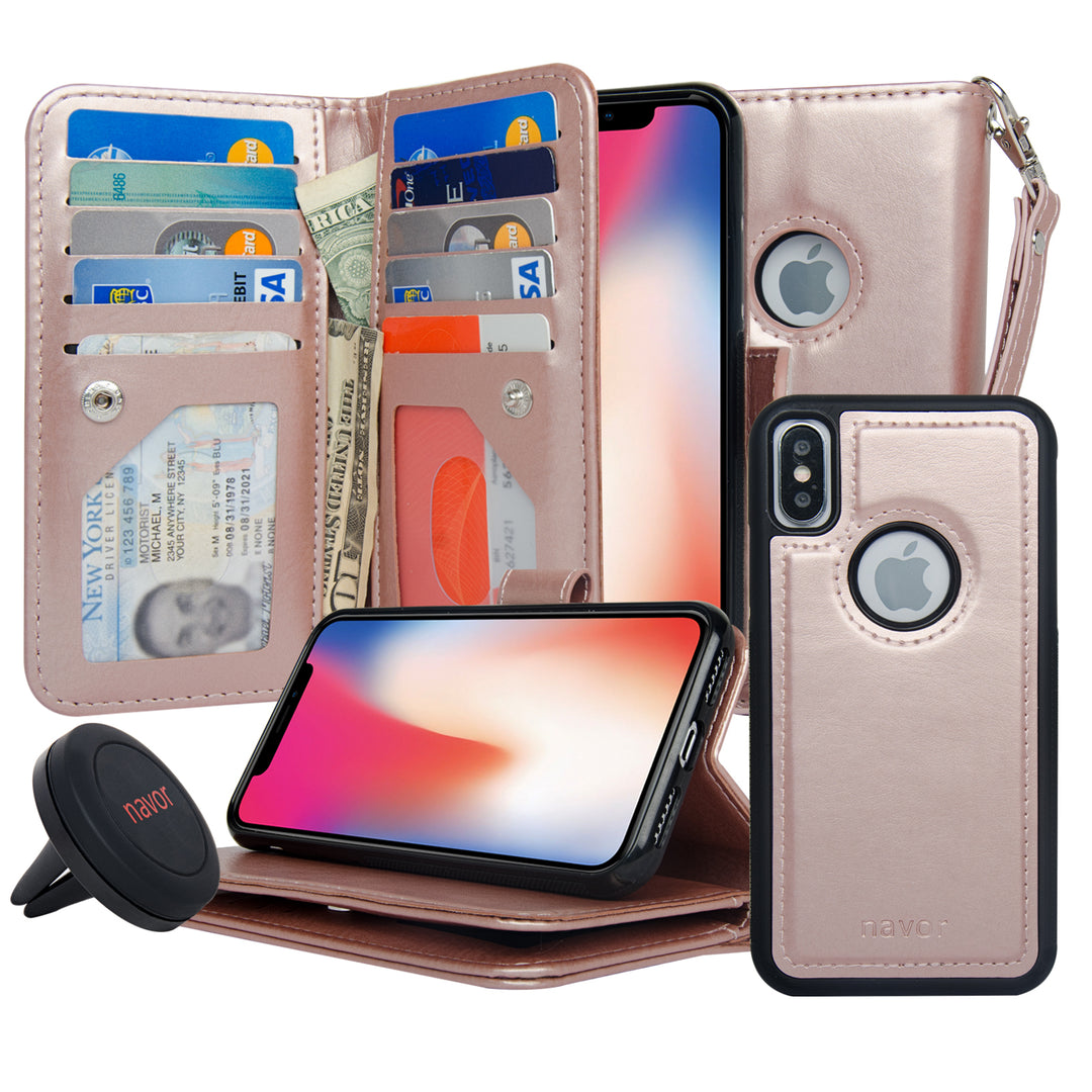 Navor Car Mount And iPhone Xs and X Detachable Magnetic Wallet Case with RFID Protection10 Card Pockets and 3 Money Image 3