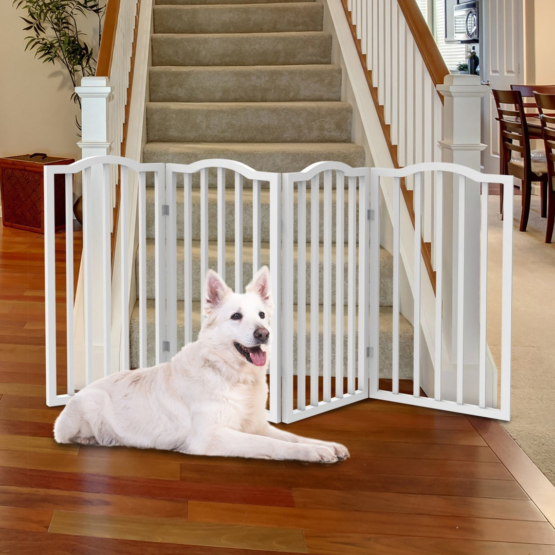 Wooden Pet Gate- Tall Freestanding 4-Panel Indoor Barrier FenceFoldable with Decorative Arches for DogsPuppiesPets- 72 Image 4
