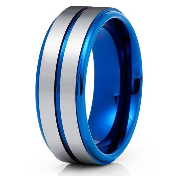 8mm Blue Tungsten Ring - Silver Tungsten Ring - Blue Wedding Band Image 1