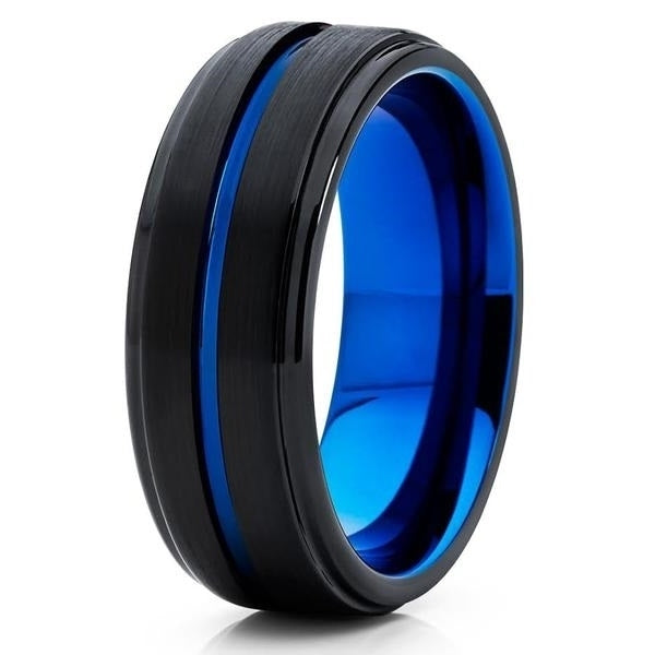 8mm Blue Tungsten Wedding Band - Black - Blue Tungsten Ring - Men's Ring Image 1