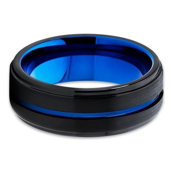 8mm Blue Tungsten Wedding Band - Black - Blue Tungsten Ring - Men's Ring Image 2