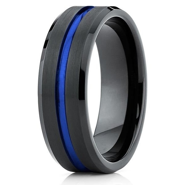 8mm Blue Tungsten Wedding Band - Black Ring - Tungsten Wedding Ring Brush Image 1