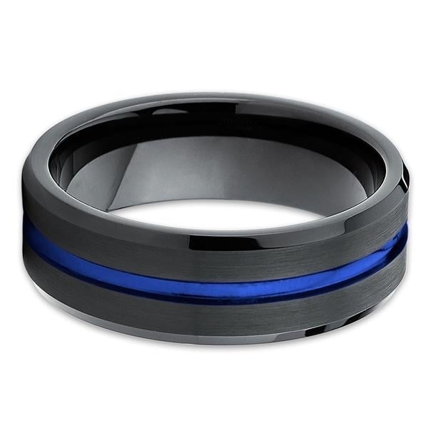 8mm Blue Tungsten Wedding Band - Black Ring - Tungsten Wedding Ring Brush Image 2