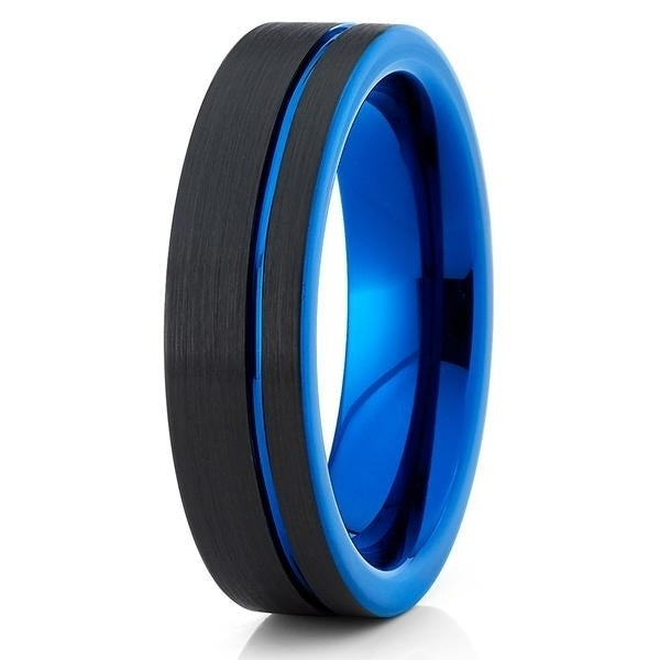 6 mm Blue Tungsten Wedding Band - Black Tungsten - Tungsten Wedding Ring Image 1