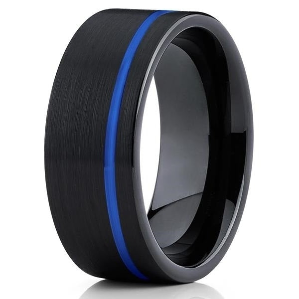 8mm Blue Tungsten Wedding Band - Black Tungsten Ring - 8mm - Black Ring Image 1