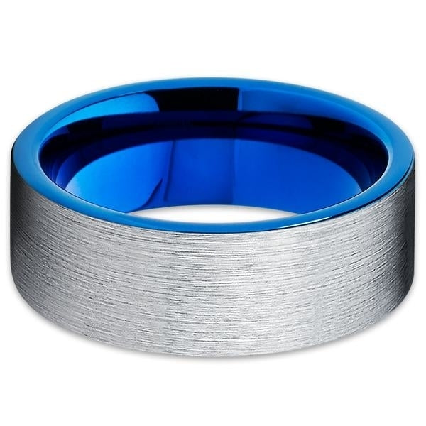8mm Blue Tungsten Wedding Band - Blue Tungsten Ring - Silver Brush Image 2
