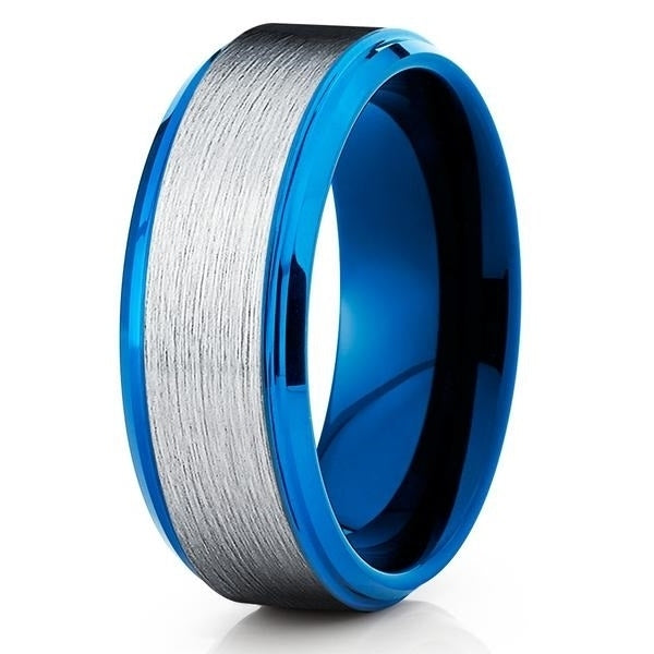 8mm Blue Tungsten Wedding Band - Silver Tungsten - Blue Tungsten Ring Image 1