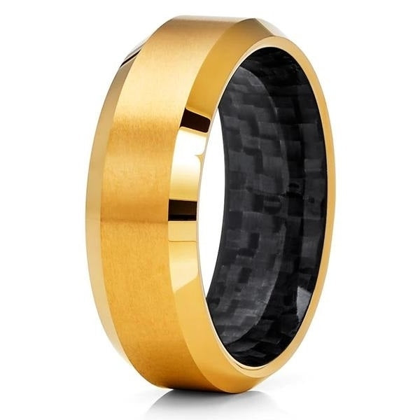 8mm Yellow Gold Tungsten Wedding Band - Carbon Fiber Ring - Yellow Gold Tungsten Image 1