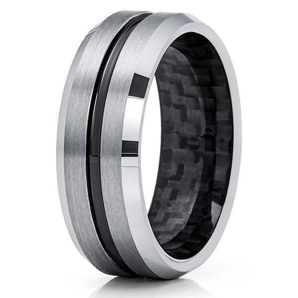 8mm Gray Tungsten Wedding Band - Black Tungsten - Carbon Fiber Ring - Mens Ring Image 1