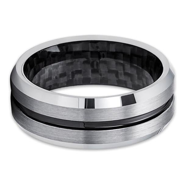 8mm Gray Tungsten Wedding Band - Black Tungsten - Carbon Fiber Ring - Mens Ring Image 2