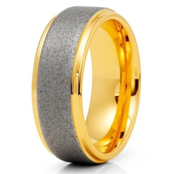 8mm- Yellow Gold Tungsten Ring - Sandblast Design - Gray Tungsten Ring - Image 1