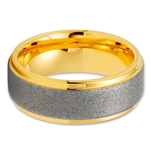 8mm- Yellow Gold Tungsten Ring - Sandblast Design - Gray Tungsten Ring - Image 2