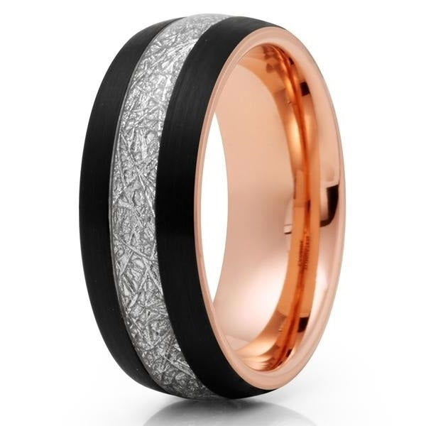 8mm- Rose Gold Tungsten Wedding Band - Meteorite Wedding Band - Black Image 1