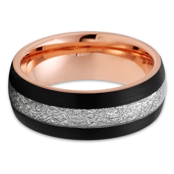 8mm- Rose Gold Tungsten Wedding Band - Meteorite Wedding Band - Black Image 2
