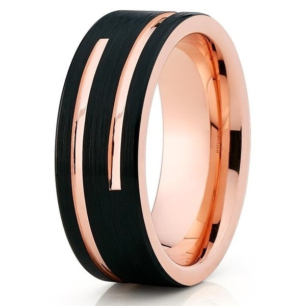 8mm- Rose Gold Tungsten Wedding Band - Black Tungsten - Mens Ring Image 1
