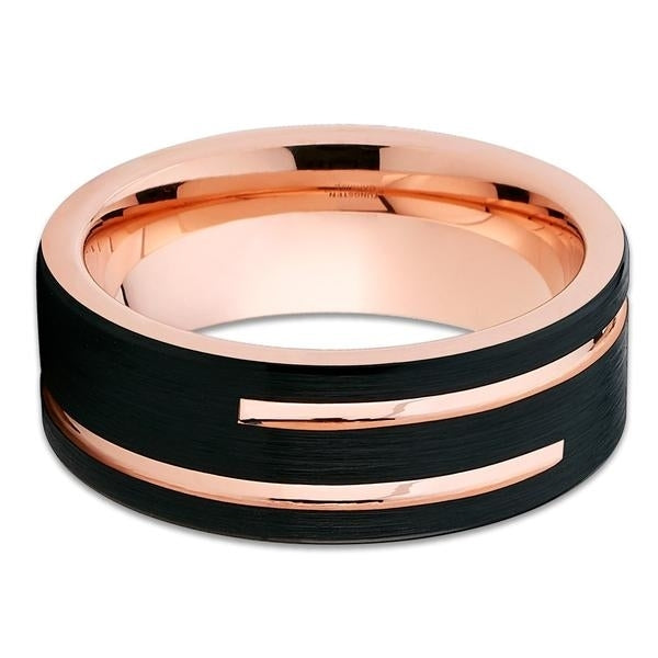 8mm- Rose Gold Tungsten Wedding Band - Black Tungsten - Mens Ring Image 2