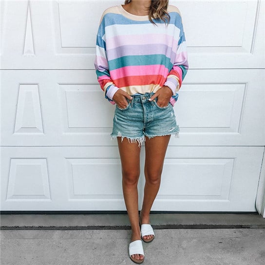 Colorful Striped Round Neck Top Pullover Image 4