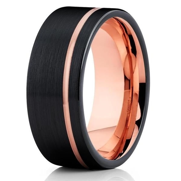 Black Tungsten - 8mm - Wedding Band - Rose Gold Tungsten Ring - Brush Image 1