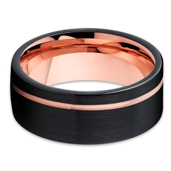 Black Tungsten - 8mm - Wedding Band - Rose Gold Tungsten Ring - Brush Image 2