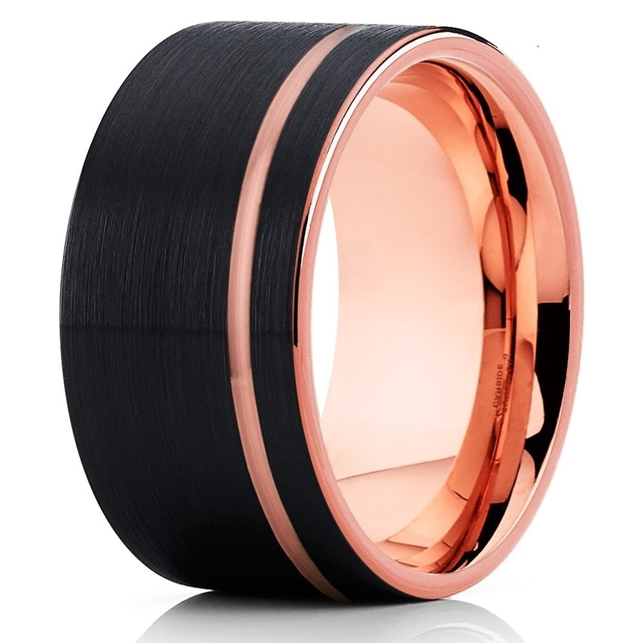 12mm Rose Gold  Offset Groove Tungsten Wedding Band -  Mens Ring - Black Tungsten Ring Image 1