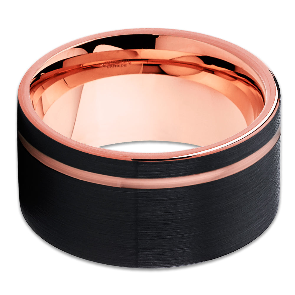 12mm Rose Gold  Offset Groove Tungsten Wedding Band -  Mens Ring - Black Tungsten Ring Image 2