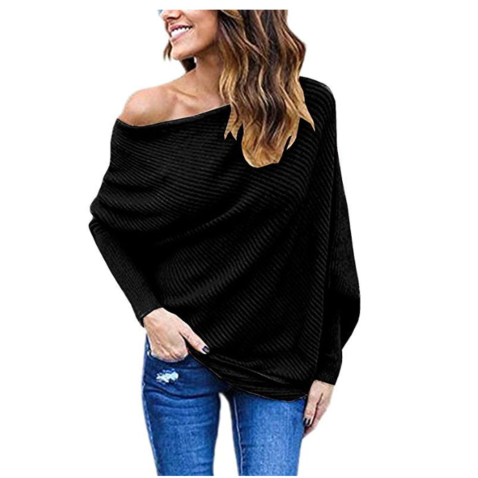 Womens Off Shoulder Batwing Sleeve Loose Pullover Sweater Knit Jumper Image 1