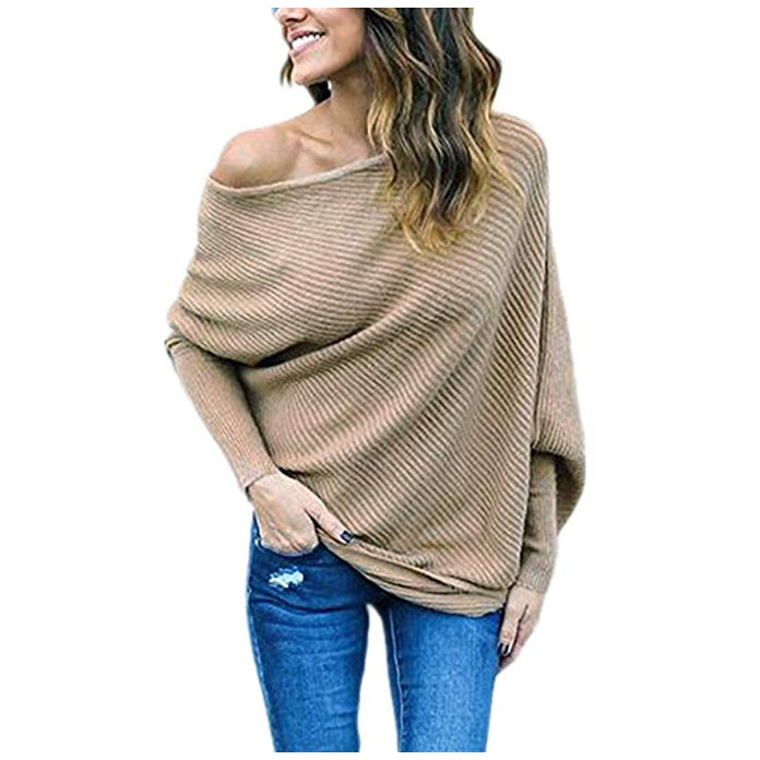 Womens Off Shoulder Batwing Sleeve Loose Pullover Sweater Knit Jumper Image 2