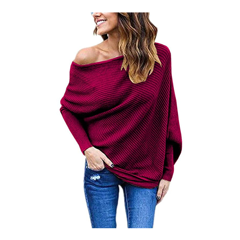 Womens Off Shoulder Batwing Sleeve Loose Pullover Sweater Knit Jumper Image 3