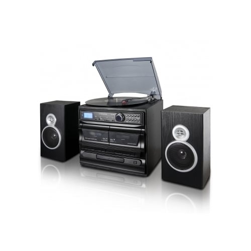 Trexonic 3-Speed Turntable With CD Player Dual Cassette Player BT FM Radio and USB/SD Recording and Wired Shelf Speakers Image 1