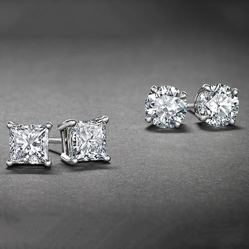 White Gold Plated Stud Earrings Cubic Zirconia Round And Princess Cut 2PC CZ Earrings Set Image 1