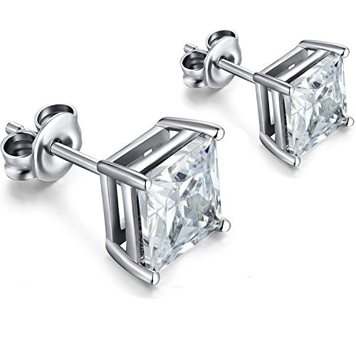 White Gold Plated Stud Earrings Cubic Zirconia Round And Princess Cut 2PC CZ Earrings Set Image 3