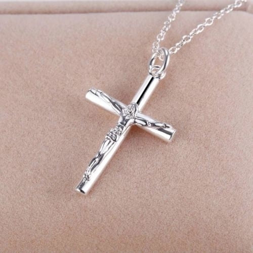 Italian Sterling Silver Jesus Cross Necklace With 18" Italian Chain Image 2